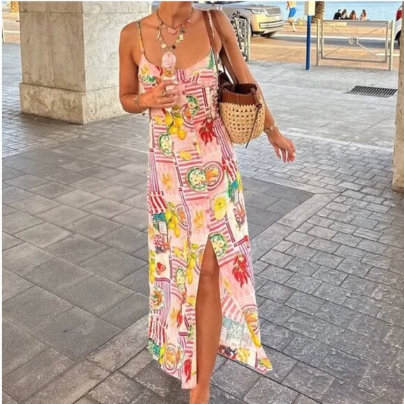 Zara Dresses & Skirts - Zara Patchwork Linen Blend Midi Dress XS Open Back Trattoria Italy Pasta Lemon